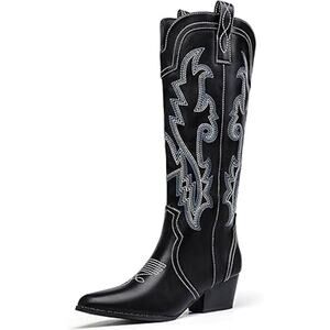 Idifu Womens Size 7 Black Faux Leather Embroidered 2.5" Block Heel Cowboy Boots